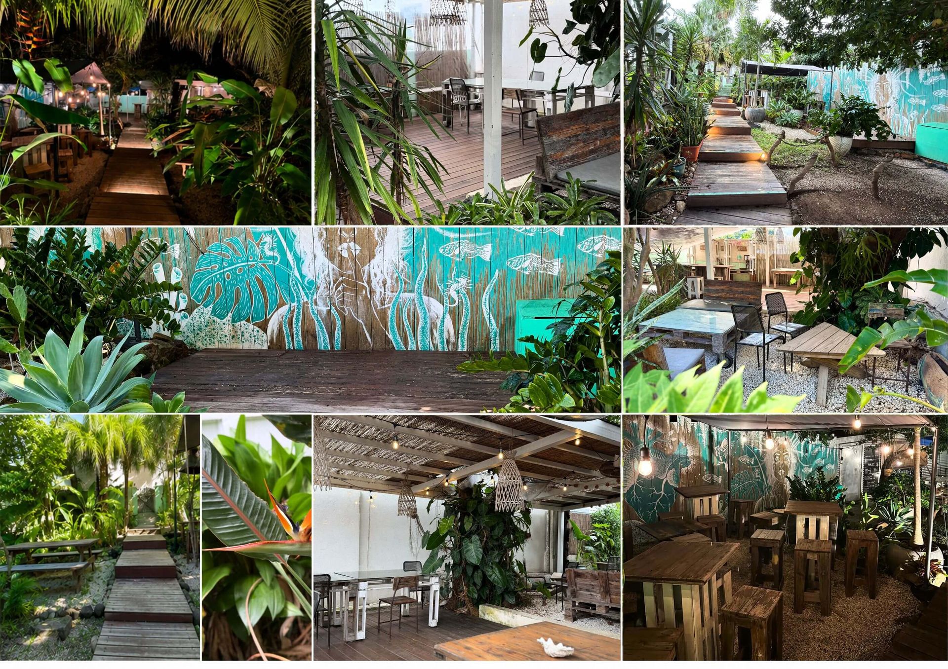 Vue d'ensemble du Jardin Caché, espace de réception tropical à Nouméa.