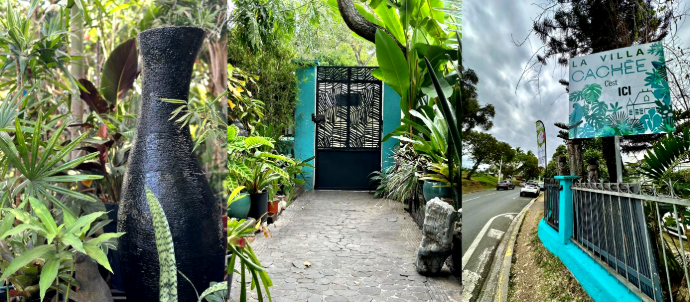 Vase noir en céramique, portail turquoise à motifs et panneau routier de la Villa Cachée à Nouméa