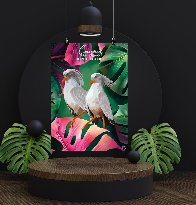Affiche illustrée de deux cagous, oiseau emblématique de Nouvelle-Calédonie, sur fond de feuillage tropical