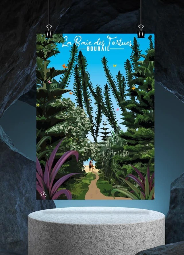 Affiche illustrée par Sky de la Baie des Tortues à Bourail, pins colonnaires et sentier vers la plage