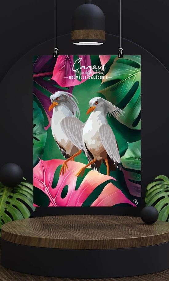 Affiche illustrée par Sky de deux cagous blancs sur fond de feuillage tropical rose et vert, Nouvelle-Calédonie