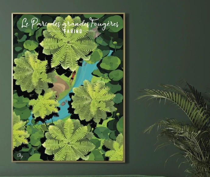 Affiche illustrée par Sky du Parc des Grandes Fougères à Farino, rivière turquoise entre frondaisons vertes