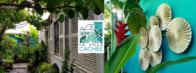 Jardin colonial et façade de La Villa Cachée, logo de la galerie sur fond turquoise à Nouméa