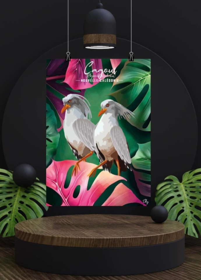 Affiche illustrée par Sky de deux cagous blancs sur fond de feuillage tropical rose et vert, Nouvelle-Calédonie