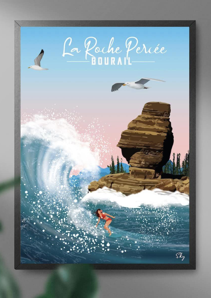 Affiche illustrée par Sky de la Roche Percée à Bourail, surfeuse dans une vague au coucher du soleil
