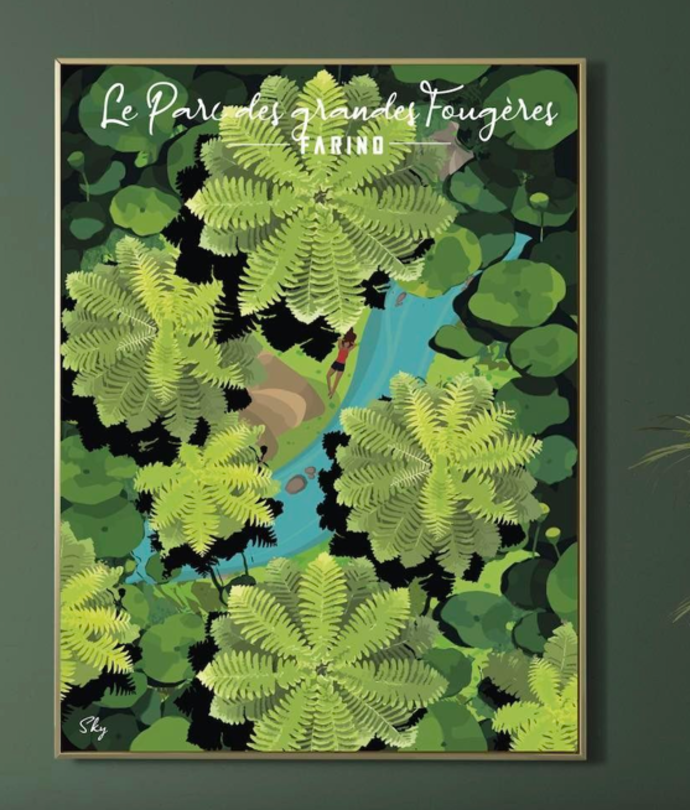 Affiche illustrée par Sky du Parc des Grandes Fougères à Farino, rivière turquoise entre frondaisons vertes