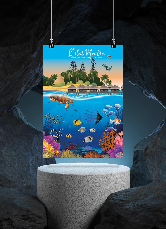 Affiche illustrée par Sky de l'Îlot Maître : bungalows sur pilotis, tortue et poissons tropicaux sous l'eau