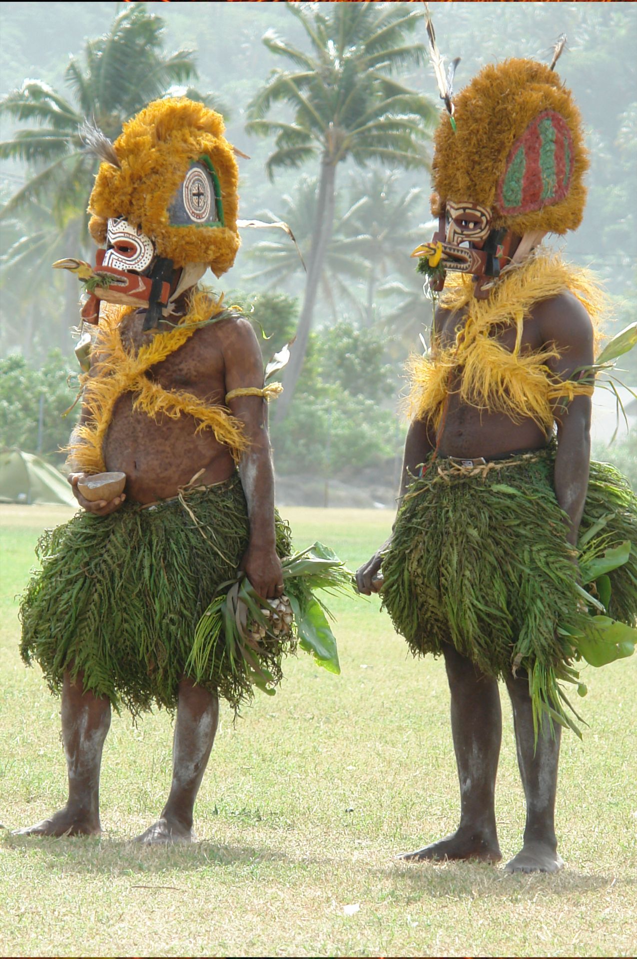 Danseurs coiffés de masques malanggan tatanua et parure de plumes, Nouvelle-Irlande, Papouasie-Nouvelle-Guinée