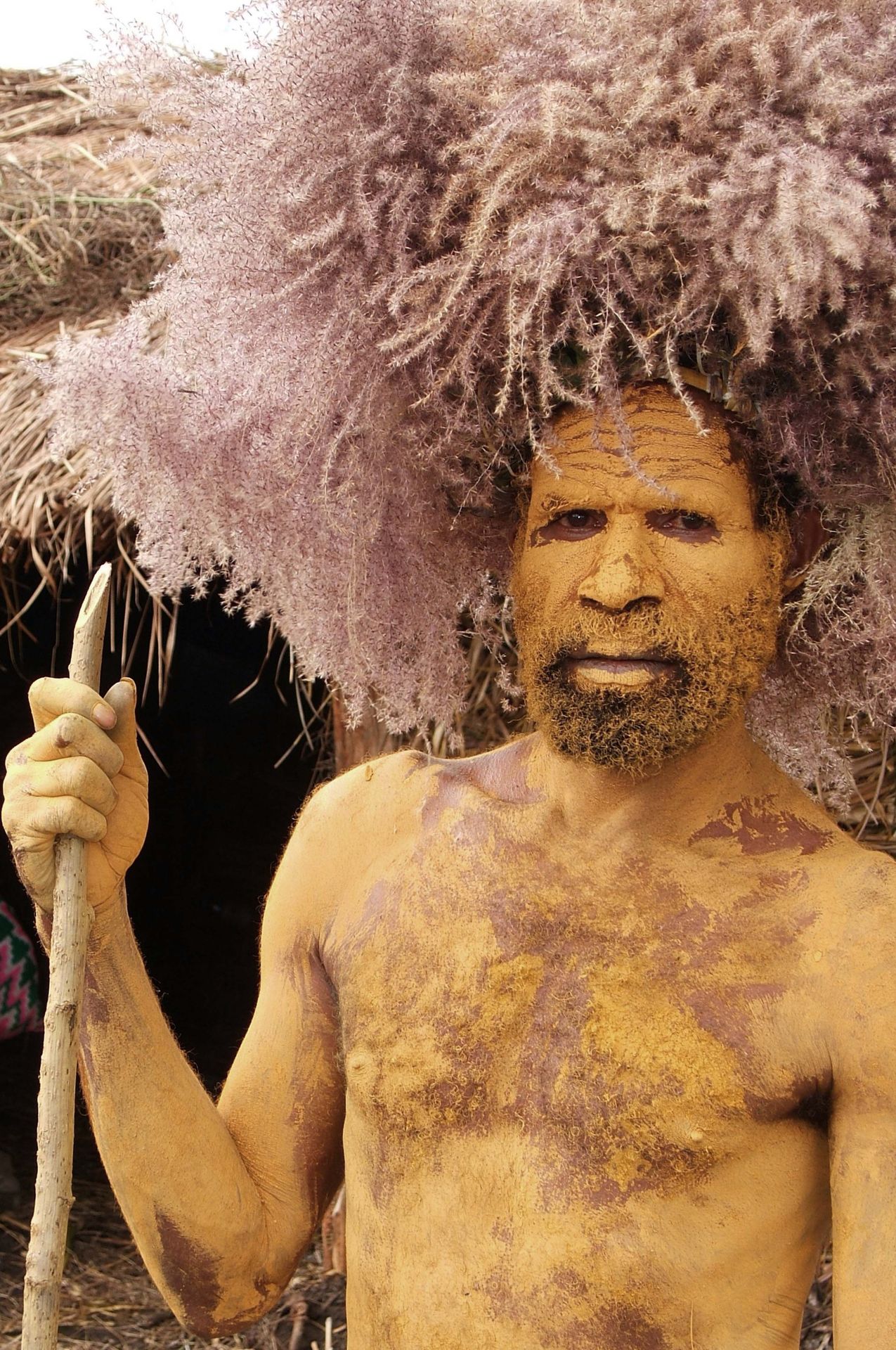 Homme papou portant une parure traditionnelle en Papouasie-Nouvelle-Guinée