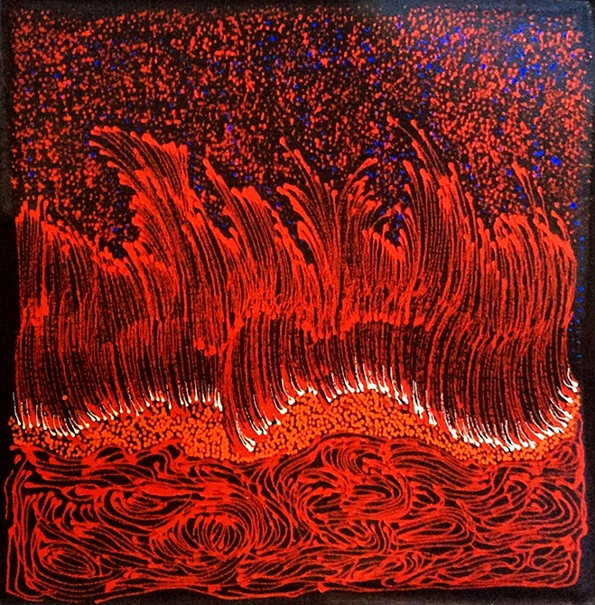 Toile d'art aborigène par l'artiste Jorna Newberry, traits flamboyants rouge et orange sur fond noir évoquant le feu