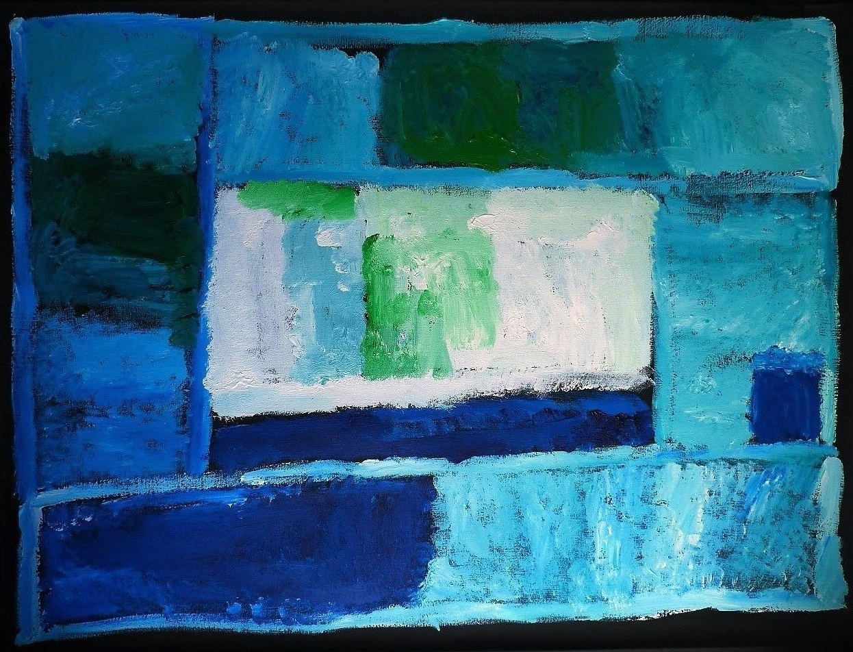 Toile d'art aborigène abstraite par l'artiste Kudditji Kngwarreye, aplats de bleu, vert et turquoise évoquant le paysage