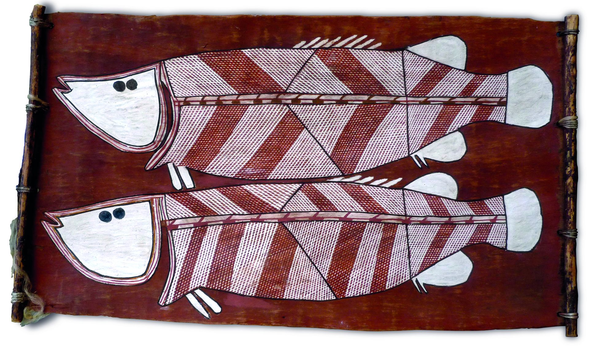 Peinture sur écorce par l'artiste Nevill Naroldol, deux poissons stylisés en hachures croisées (rarrk) sur fond brun