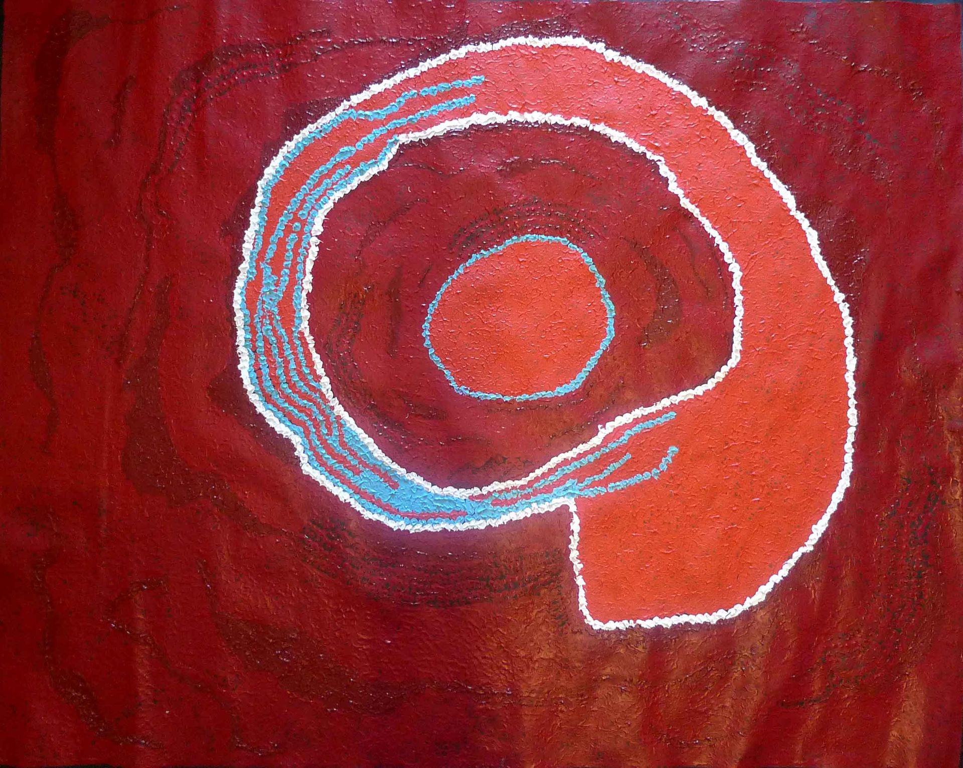 Toile d'art aborigène par l'artiste Tommy Watson, spirale blanche et bleue sur fond rouge et orange intense