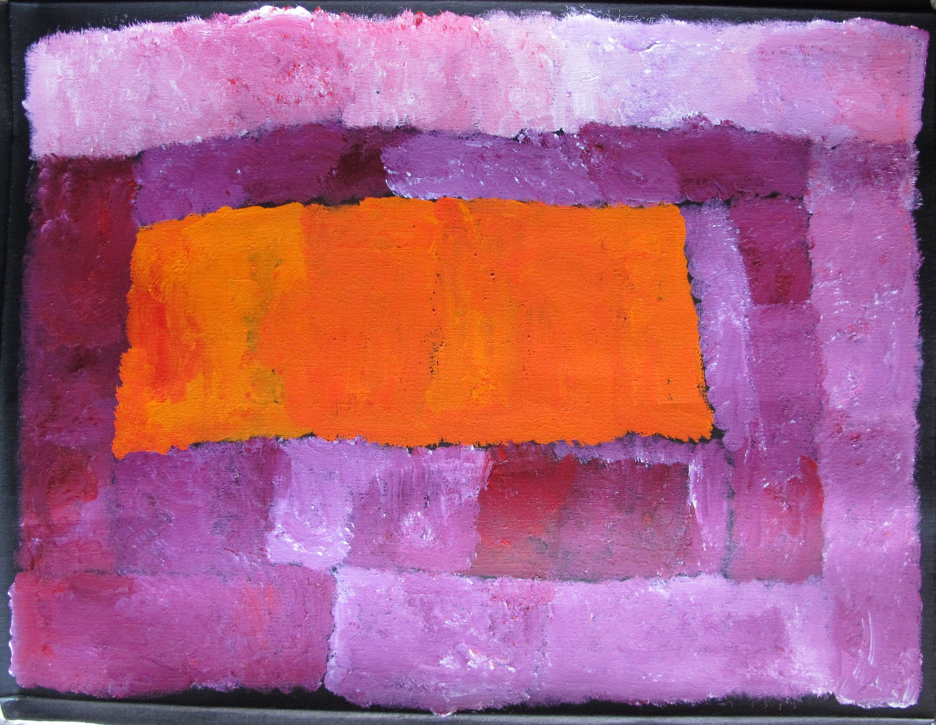 Toile d'art aborigène abstraite par l'artiste Kudditji Kngwarreye, aplats de rose, mauve et orange évoquant le paysage