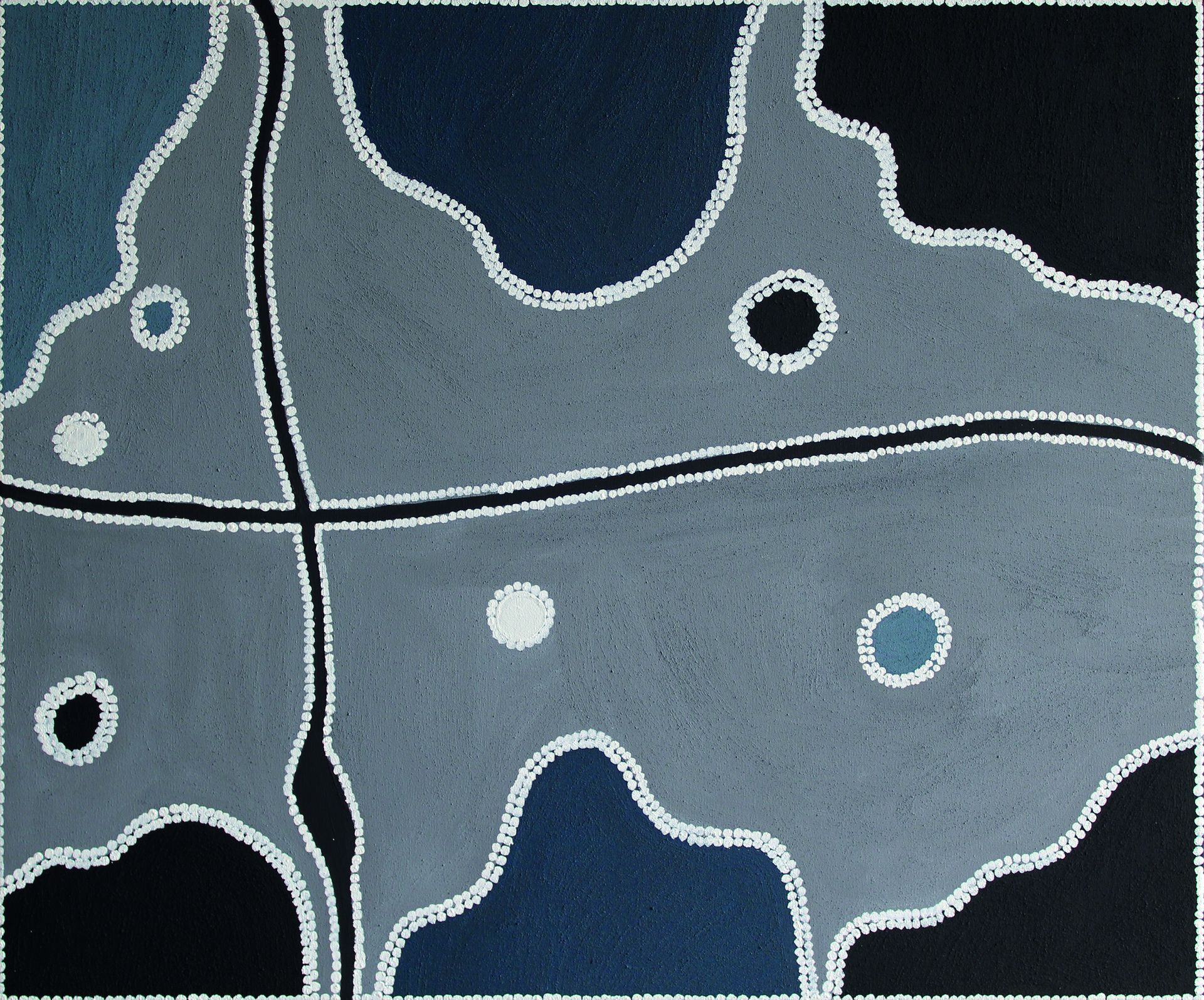 Toile d'art aborigène par l'artiste Freddie Timms, carte abstraite du territoire en gris et bleu aux contours pointillés
