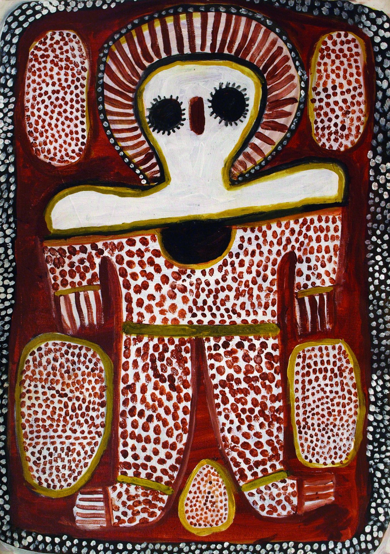 Toile d'art aborigène par l'artiste Lily Karada, figure ancestrale stylisée aux points blancs sur fond rouge terre