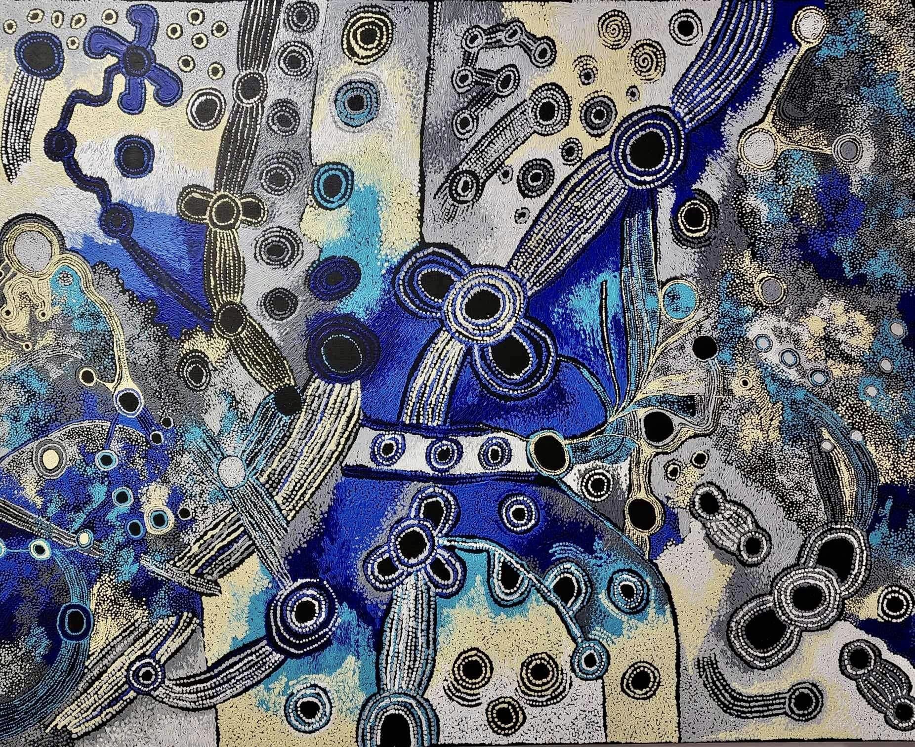 Toile d'art aborigène par l'artiste Teresa Baker, cercles concentriques et lignes fluides en bleu, crème et noir