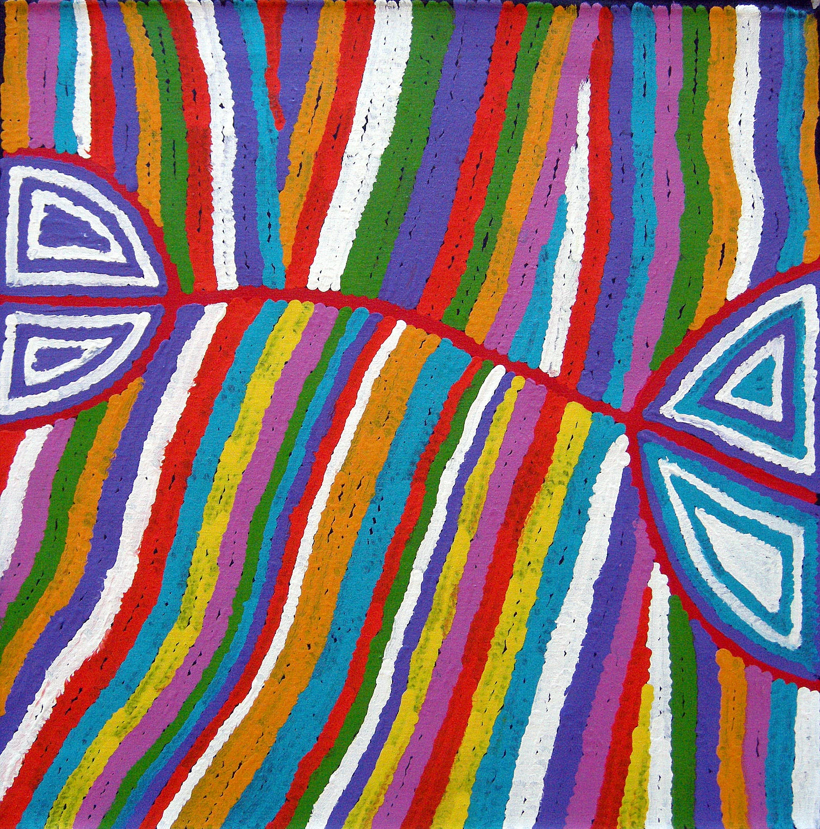 Toile d'art aborigène par l'artiste Judy Watson, lignes verticales multicolores vibrantes évoquant les dunes de sable