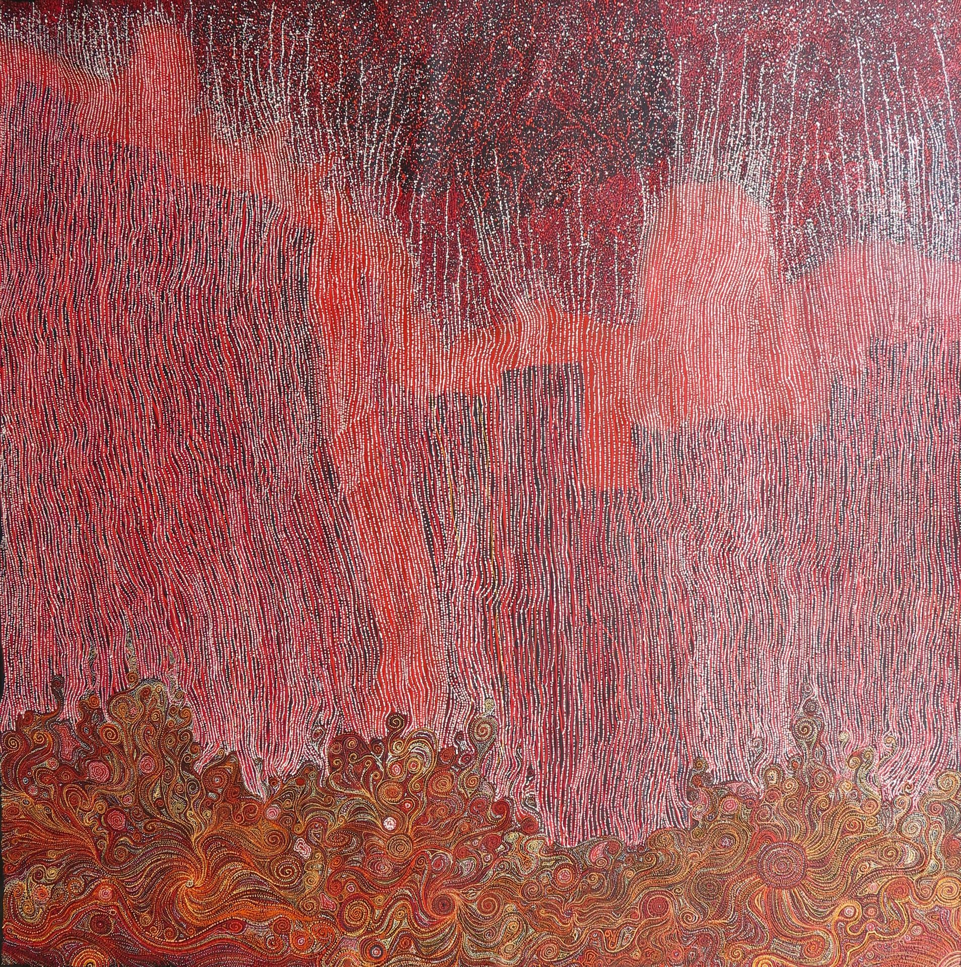 Toile « Rêve de l'eau, Rêve du feu » par l'artiste Barbara Weir, traits verticaux rouges et rose surmontant des volutes dorées