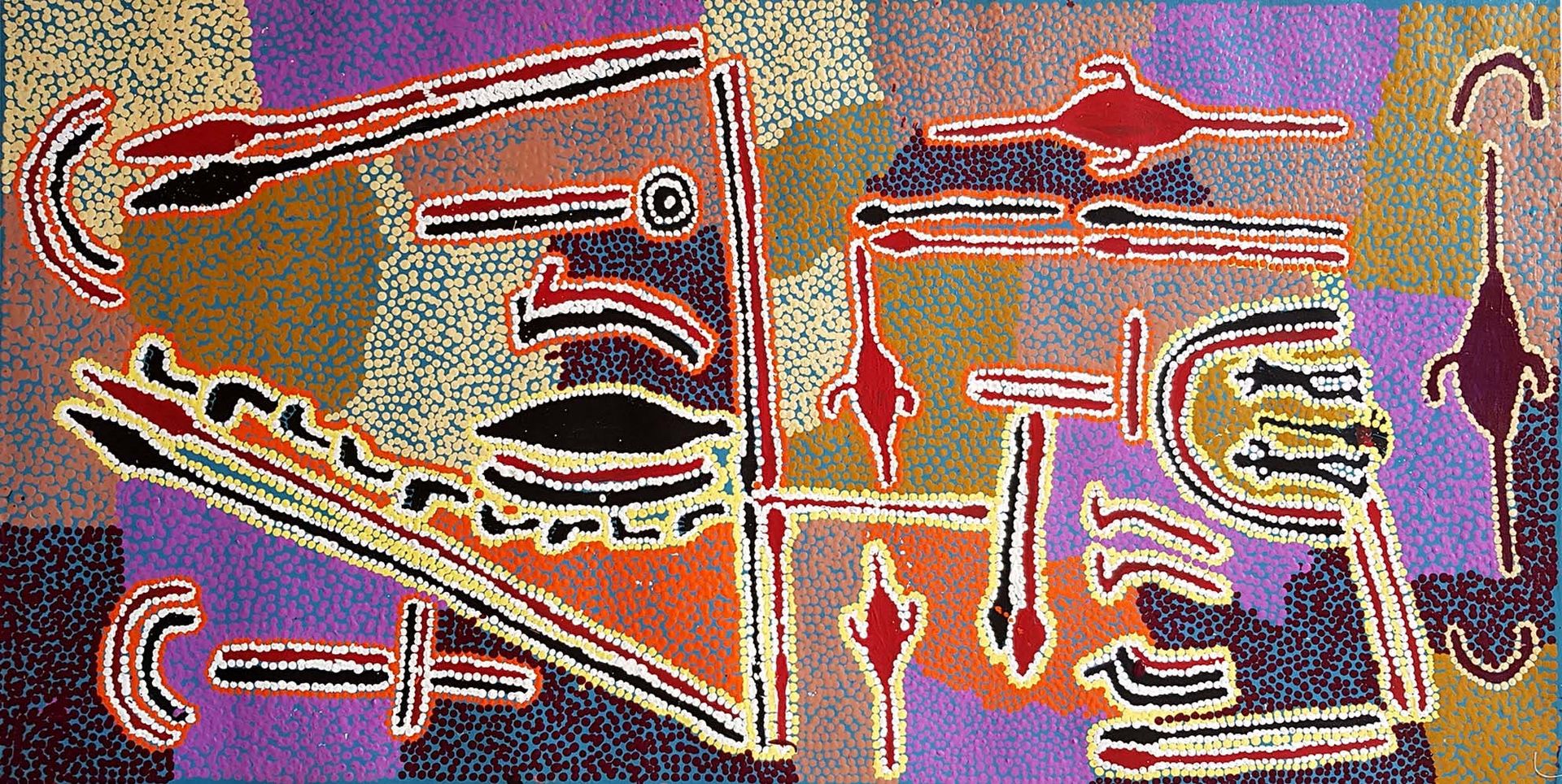 Toile panoramique de Paddy Japaljarri Stewart aux motifs kurruwarri géométriques rouge, blanc et jaune sur fond mauve et ocre