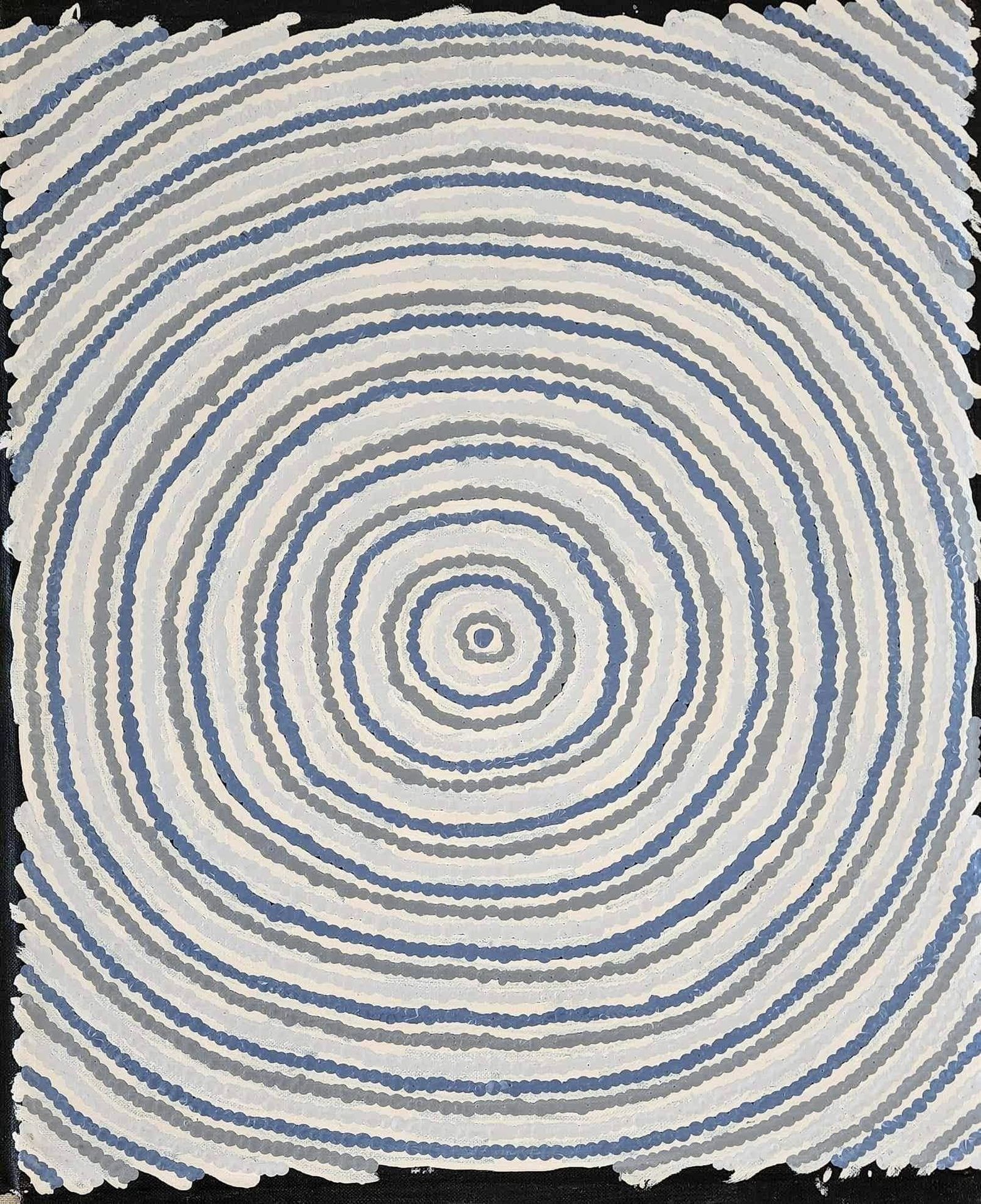 Toile aborigène aux cercles concentriques bleu, gris et crème, effet de spirale hypnotique, exposition So Blue